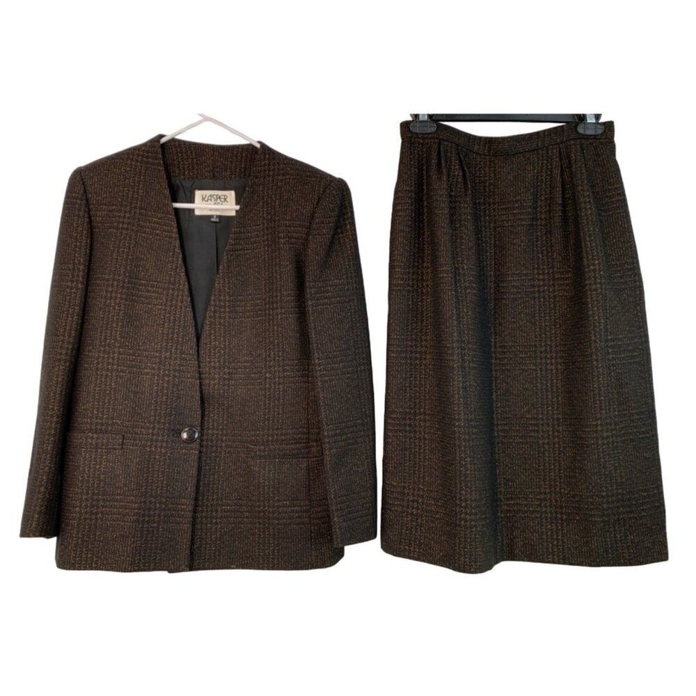 VTG Kasper Size 6/8P Wool Plaid Blazer & Skirt Set Suit Black Plaid 7220